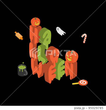 colorful isometric Halloween banner with pumpkin and treats colorful isometric Halloween banner with pumpkin and treats 95029785