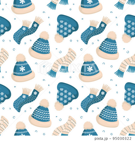 Knitted hats and scarves with snowflake ornament on a white background. Christmas print, background, vector 95030322
