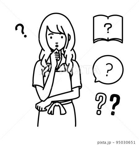 立って手をあごにあてて疑問を感じている店員の女性 クエスチョンマークのセット 立って手をあごにあてて疑問を感じている店員の女性 クエスチョンマークのセット 95030651