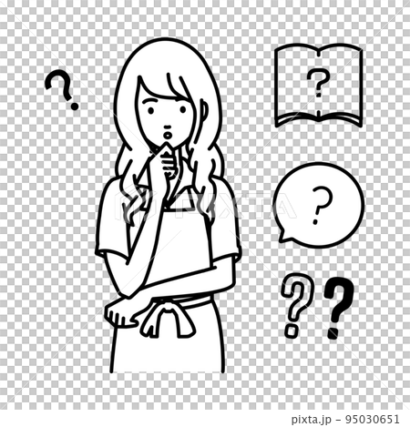 立って手をあごにあてて疑問を感じている店員の女性 クエスチョンマークのセット 立って手をあごにあてて疑問を感じている店員の女性 クエスチョンマークのセット 95030651