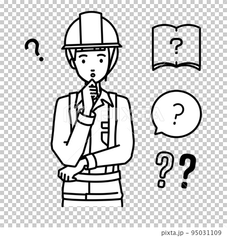立って手をあごにあてて疑問を感じている工事現場の女性 クエスチョンマークのセット 95031109
