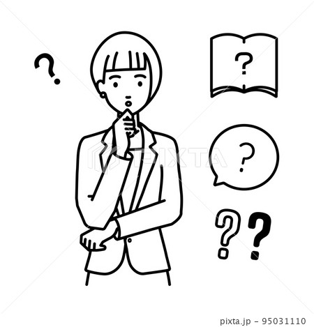 立って手をあごにあてて疑問を感じているスーツの女性 クエスチョンマークのセット 立って手をあごにあてて疑問を感じているスーツの女性 クエスチョンマークのセット 95031110