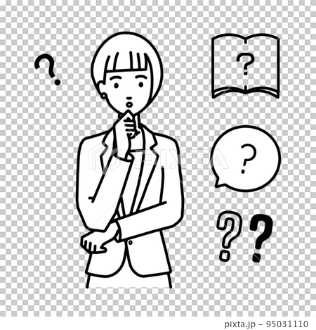 立って手をあごにあてて疑問を感じているスーツの女性 クエスチョンマークのセット 立って手をあごにあてて疑問を感じているスーツの女性 クエスチョンマークのセット 95031110