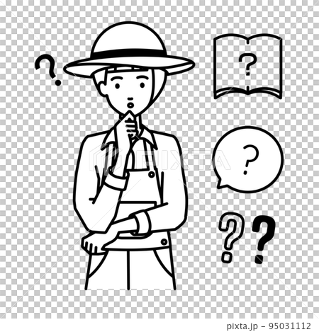 立って手をあごにあてて疑問を感じている農家の女性 クエスチョンマークのセット 95031112
