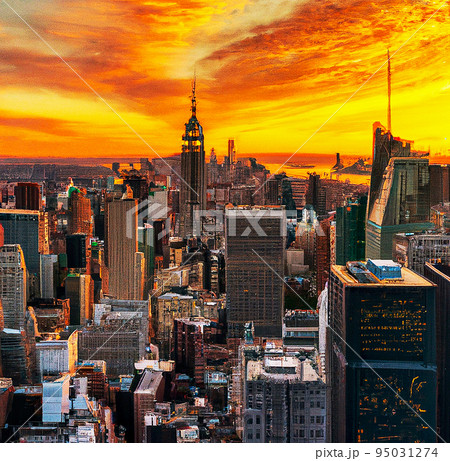 New York City skyline at sunset from above 95031274