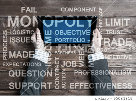 Hands of businesswoman using tablet pc and business conceptual words 95031319