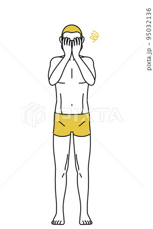 脱毛した男性の線画、両手で顔を隠して落ち込むポーズ 脱毛した男性の線画、両手で顔を隠して落ち込むポーズ 95032136