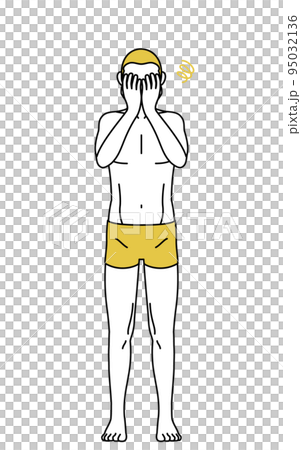 脱毛した男性の線画、両手で顔を隠して落ち込むポーズ 脱毛した男性の線画、両手で顔を隠して落ち込むポーズ 95032136