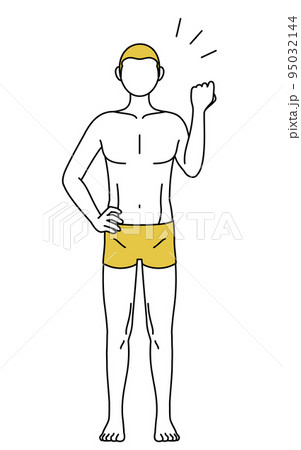 脱毛した男性の線画、拳を上げる励ましのポーズ 脱毛した男性の線画、拳を上げる励ましのポーズ 95032144