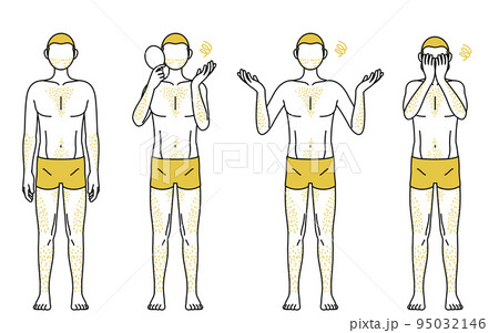 体毛が濃くて悩んでいる男性の線画ポーズセット、毛深くて困っているポーズ 95032146