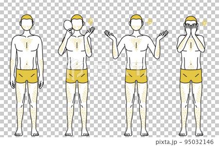 体毛が濃くて悩んでいる男性の線画ポーズセット、毛深くて困っているポーズ 95032146