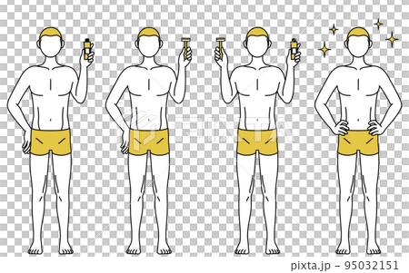 脱毛した男性の線画ポーズセット、自己処理の除毛クリームやかみそりを持つポーズ 95032151