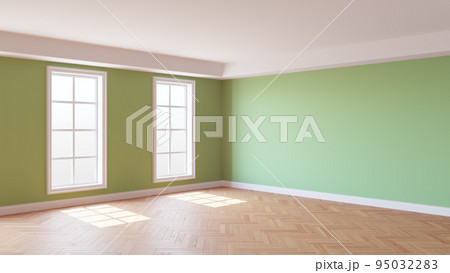 Mockup Interior of the Green Room with a White Ceiling and Cornice, Glossy Herringbone Parquet Floor, Two Large Windows and a White Plinth. Beautiful Interior Concept. 3D illustration, 8K Ultra HD 95032283