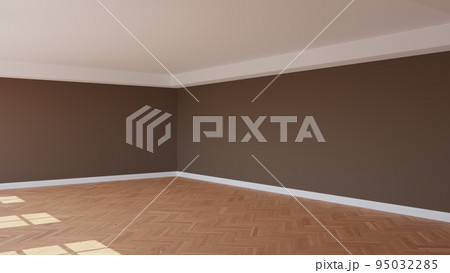 Mockup Interior of the Sunlit Room with Brown Walls, a White Ceiling and Cornice, Glossy Herringbone Parquet Floor, and a White Plinth. Unfurnished Interior Concept. 3D render, Ultra HD 8K, 7680x4320 95032285