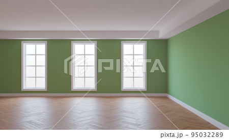 Mockup Interior with Green Walls, White Ceiling and Conrnice, Three Large Windows, Herringbone Parquet Floor and a White Plinth. Beautiful Concept of the Room, 3D illustration. Ultra HD 8K, 7680x4320 95032289