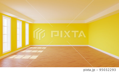 Mockup Interior of the Sunny Room with Yellow Walls, Three Windows, White Ceiling Cornice, Glossy Herringbone Parquet Floor and a White Plinth. 3D rendering with a Work Path on the Window. Ultra HD 8K Mockup Interior of the Sunny Room with Yellow Walls, Three Windows, White Ceiling Cornice, Glossy Herringbone Parquet Floor and a White Plinth. 3D rendering with a Work Path on the Window. Ultra HD 8K 95032293