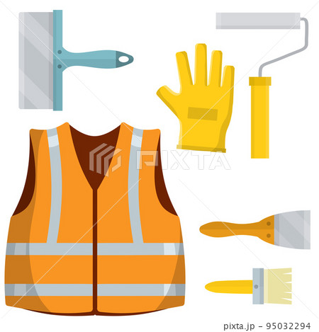Paint brush. Yellow construction vest and glove 95032294