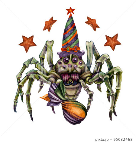 Halloween hand drawn watercolor spiders for menus, stickers, greeting cards, invitations, banners, borders, masquerade, party decorations, patterns, postcards. Elements isolated on white background. 95032468