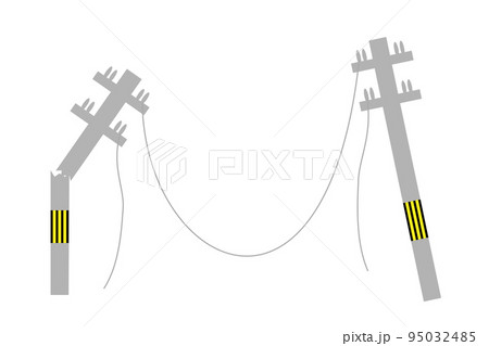 地震で折れたり倒れた電柱と切れた電線。大震災のイメージ。 地震で折れたり倒れた電柱と切れた電線。大震災のイメージ。 95032485