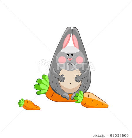 Fat happy hare with three carrots. vector. Easter. Thanksgiving Day 95032606