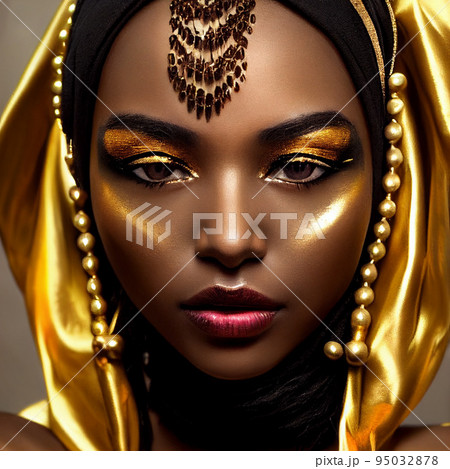 African beautiful woman portrait. Brunette curly haired young model with dark skin and perfect smile 95032878