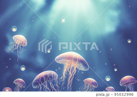 Jellyfish floating in the sea. Beautiful blue ocean life with sparkle and glitter. 95032996