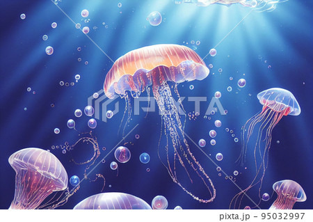 Jellyfish floating in the sea. Beautiful blue ocean life with sparkle and glitter. 95032997