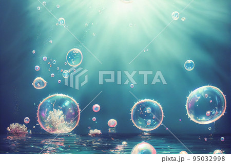 Jellyfish floating in the sea. Beautiful blue ocean life with sparkle and glitter. 95032998