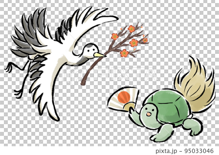 Illustration of crane and turtle celebrating with plum branch and folding fan 95033046