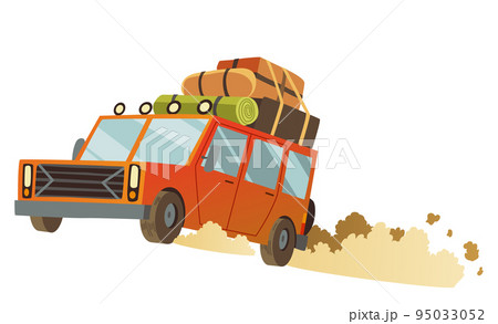 African safari flat vector banner element. Tourists on car going to take photos. Tropical tourism. Many suitcases on top of car African safari flat vector banner element. Tourists on car going to take photos. Tropical tourism. Many suitcases on top of car 95033052