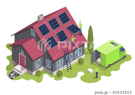 Solar cell installing. Team service working on installation solar cell on roof top. Smart home system. Ecology energy saving concept for free energy 95033053