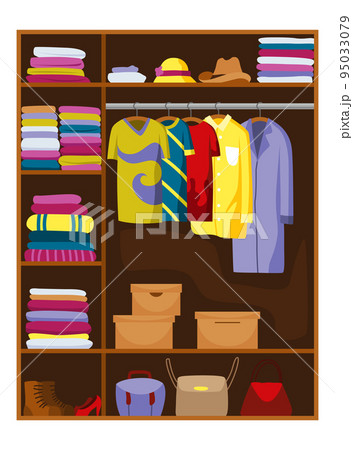 Clothes wardrobe room full of woman clothes. Furniture with shelves for accessories. Boutique interior design concept. Flat style vector illustration 95033079