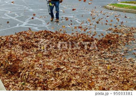 An autumn municipality worker cleans a sidewalk by putting leaves on a pile and blowing them away An autumn municipality worker cleans a sidewalk by putting leaves on a pile and blowing them away 95033381