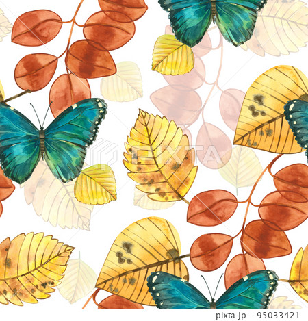Seamless pattern of watercolor autumn leaves on a white background. The leaves of birch, chestnut, blue butterfly, rosehip berries. Suitable for printing fabric paper invitations 95033421