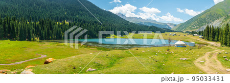 Panorama of Lake Alakol in Kyrgyzstan among tall clean fir trees, clean mountain air, fresh water supply, environmental protection. 95033431
