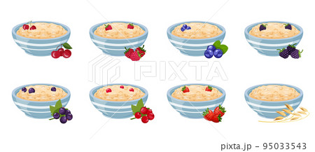 Oatmeal in blue bowl with berries. Vector illustration of healthy breakfast. Flakes with cherries, raspberries and various fruits. Oatmeal in blue bowl with berries. Vector illustration of healthy breakfast. Flakes with cherries, raspberries and various fruits. 95033543