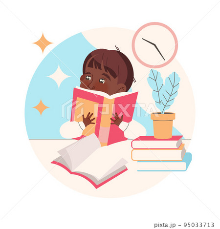 Clever Little Boy Character Learning Sitting at Desk with Open Book Studying Vector Illustration 95033713