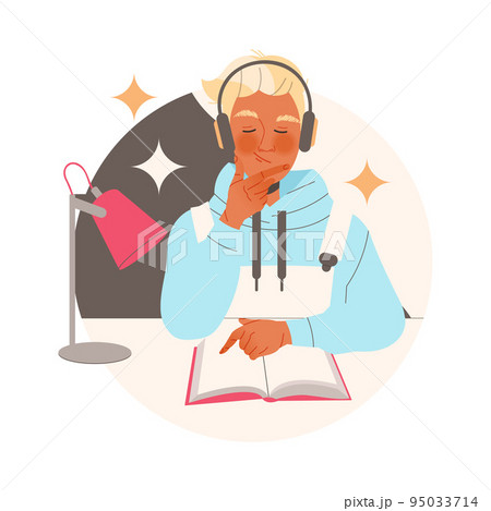Blond Man Character in Headphones Learning Sitting at Desk with Book Listening and Reading Vector Illustration Blond Man Character in Headphones Learning Sitting at Desk with Book Listening and Reading Vector Illustration 95033714