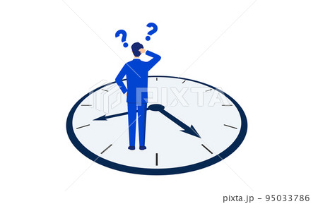 時計の上に立って頭を抱えるビジネスマンのイラスト、ベクター 95033786