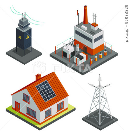 Energy power grid isometric. Power distribution with family house, wind and high voltage electricity grid pylons, electric transformer. Electric transmission network providing energy supply 95033829