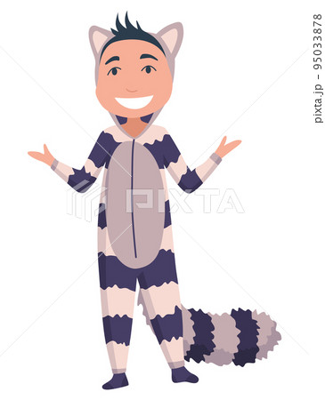 Animal character pajama. Men dressed in onesies. People wearing jumpsuit or kigurumi. Pajama party, person in costume raccoon 95033878