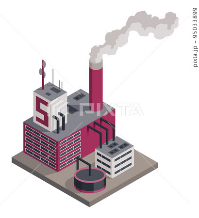 Factory isometric. Architecture of manufactures house. Industrial bulding. 3d isolated icon. Concept of industrial working plant with chimney pipe tower Factory isometric. Architecture of manufactures house. Industrial bulding. 3d isolated icon. Concept of industrial working plant with chimney pipe tower 95033899