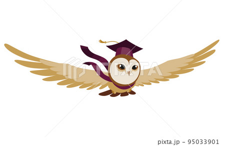 Owl wearing graduation cap. Cute wise owl with hat. Symbol of wisdom or graduation from higher or secondary educational institution Owl wearing graduation cap. Cute wise owl with hat. Symbol of wisdom or graduation from higher or secondary educational institution 95033901