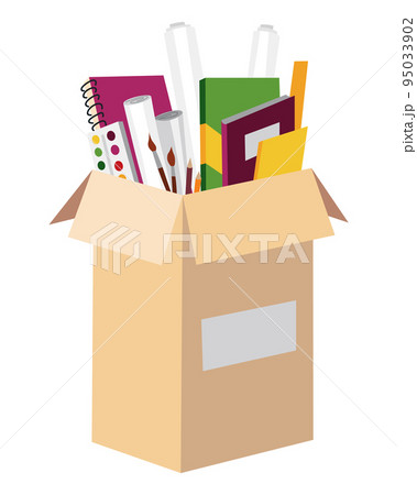 Cardboard donation box full of school supplies or stationery. Charity and donate for poor people, help homeless and support needy. Volunteering, social care charity concept. Needed items Cardboard donation box full of school supplies or stationery. Charity and donate for poor people, help homeless and support needy. Volunteering, social care charity concept. Needed items 95033902