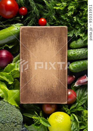 Variety of fresh vegetables at table background. Cookig concept and salad ingredients 95033951