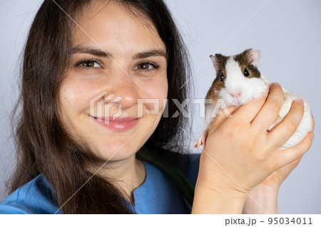 Veterinarian holds a small guinea pig in his hands and smiles close-up 95034011
