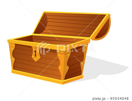 Chest. Empty old wooden chest for gold treasure. Cartoon ancient container for pirates isolated vector icon on white. Game wooden antique box for treasure 95034048