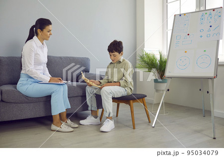 Psychologist, school counselor or teacher communicating with little school child 95034079