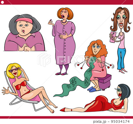funny cartoon women characters caricature set 95034174