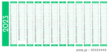 Green simple linear calendar yearly planner template for 2023 with vertical month grid 95034449